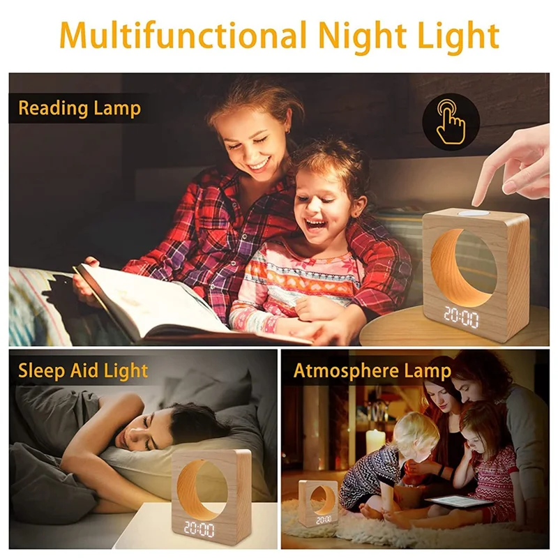 Digital Wooden LED Alarm Clock Made of Solidwood with Night Light 3 Alarm Settings Temperature Detect for Bedroom HY