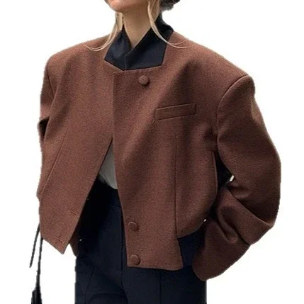 

Brown Tweed Jacket Women's 2025 Fall Vintage Cropped Blazer Retro Chic Office Wear Top