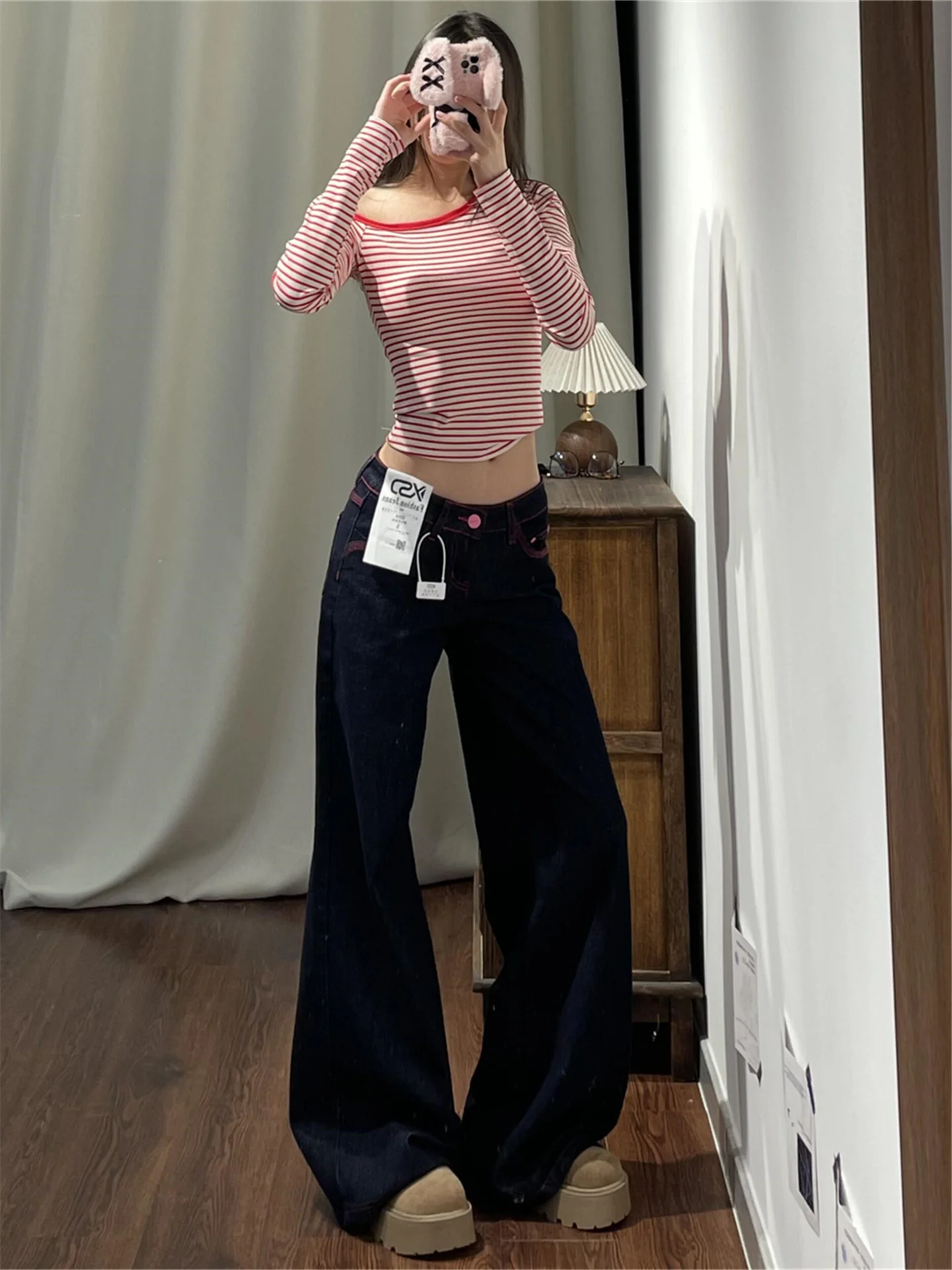 

High Waist Wide Leg Jeans Women's Loose Straight Floor-Length Trousers Spring Autumn Slimming Contrast Color Trendy Girls