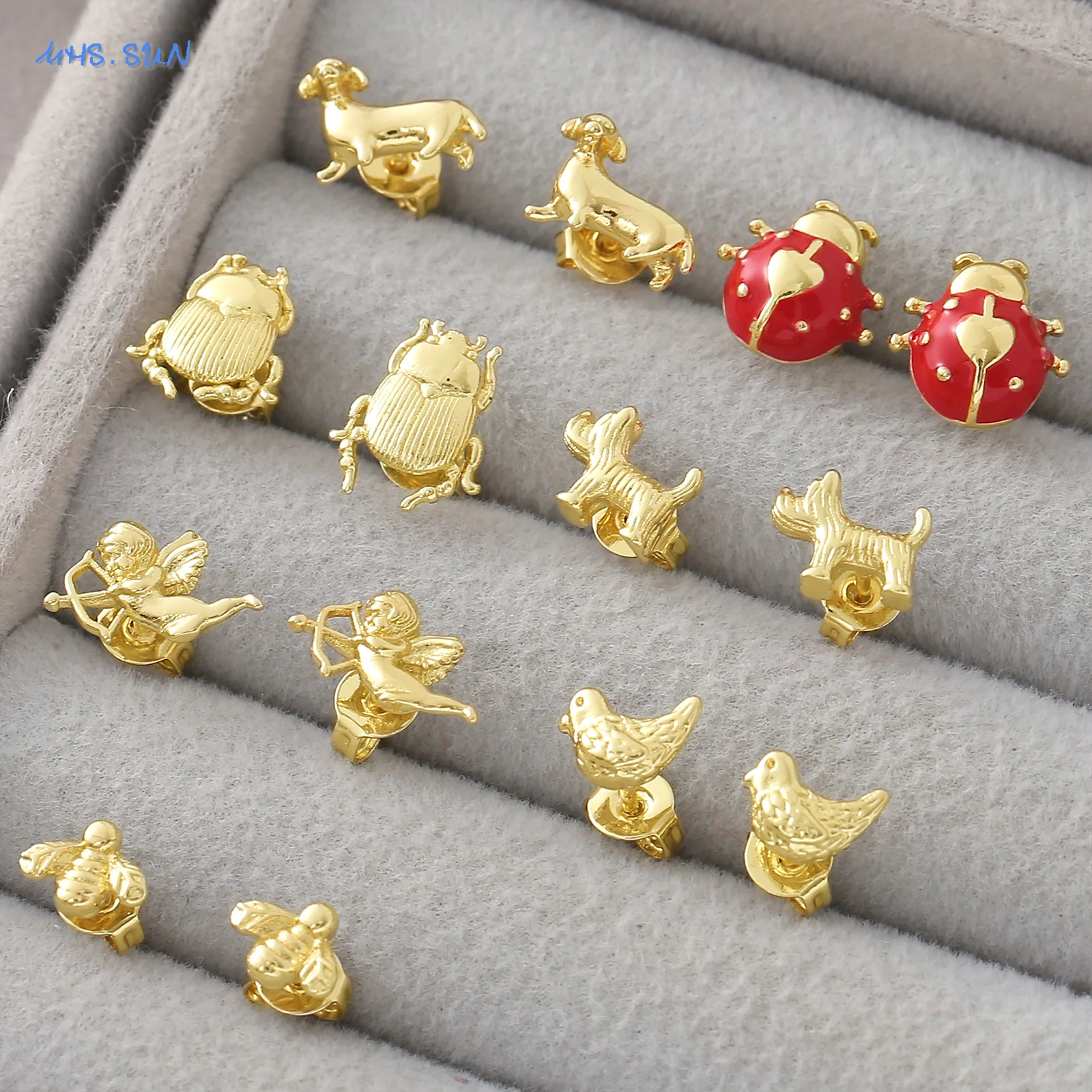 SUNSLL Cute Ladybug Bees Birds Stud Earrings Classic Gold Plated Cupid Angel Earring For Women Men Daily Party Jewelry Gift