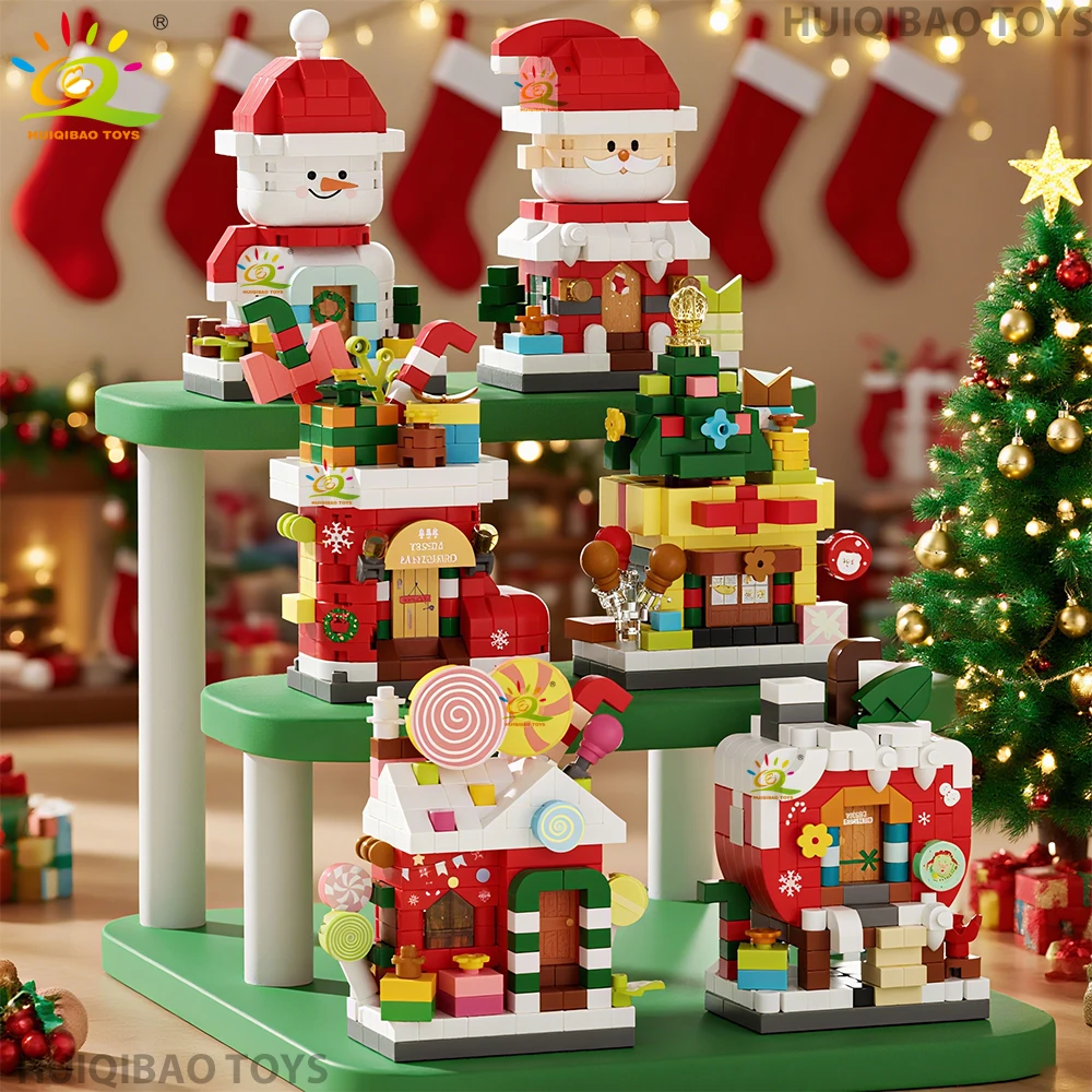 HUIQIBAO – maison à Dessert de noël, arbre, modèle père noël, bloc de construction, briques à monter soi-même, jouets pour enfants et adultes, ornement de bureau, cadeau