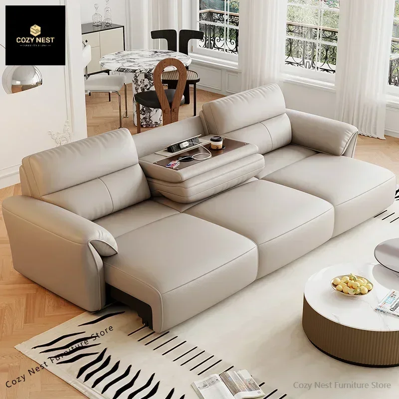 Leather sofa bed living room small apartment 2024 new multi-functional folding dual-purpose straight row intelligent electric
