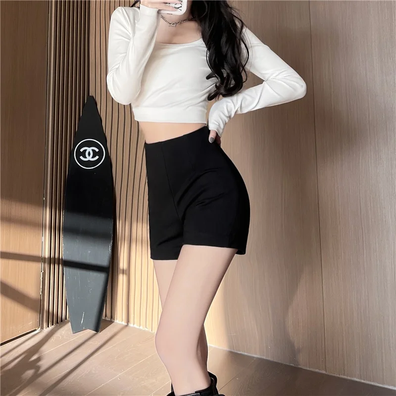 Black Fleece Lined High Waist A-Line Short Pants Women's Base Layer Pants Casual Straight Leg Zipper Pocket Comfortable Shorts