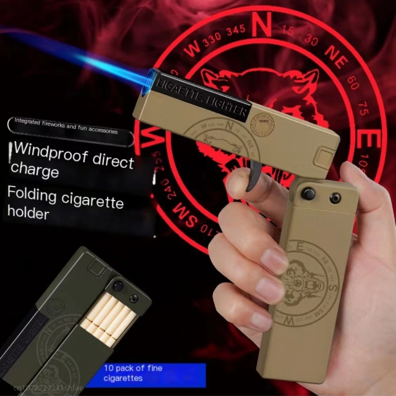 2-in-1 Creative Folding Gun Type Cigarette Case Butane Gas Lighter 10 Fine Cigarette Packs Windproof Jet Blue Flame Fun Lighters