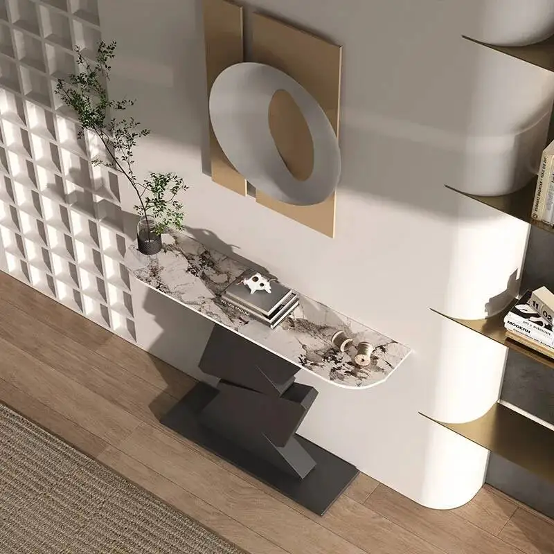 

Ultra-narrow Console Tables Italian Hallway Table Slate Light Luxury Living Room Furniture Modern Semi-circle Wrought Iron Table