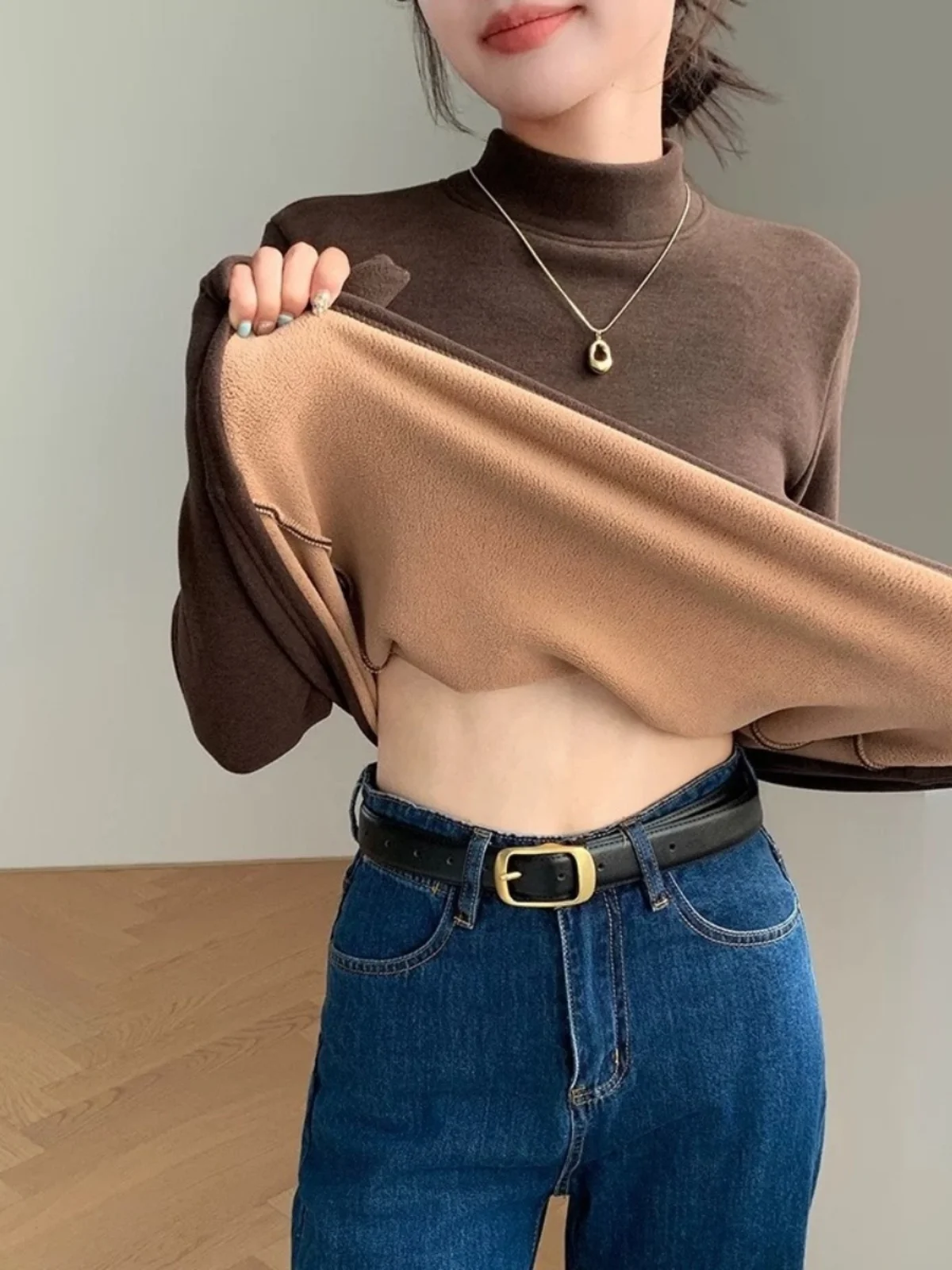 

Thickened Fleece Long Sleeve Half High Collar Women's Base Shirt Autumn Winter Warm Inner Wear Versatile Polyester Blend Top
