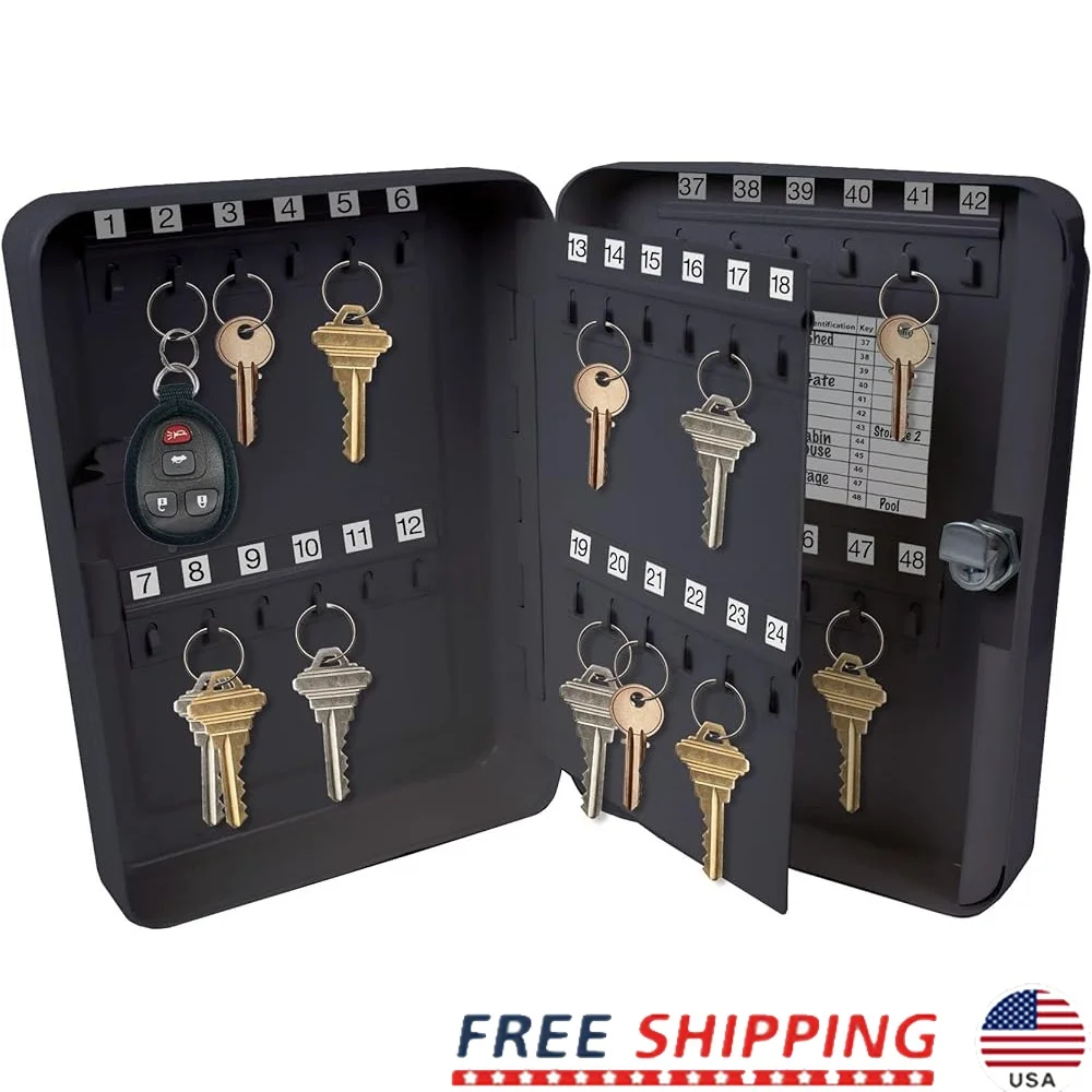 

Metal Locking Key Cabinet 48 Hooks Heavy Duty Steel Security Organizer with Adhesive Labels Home Office School Vehicle