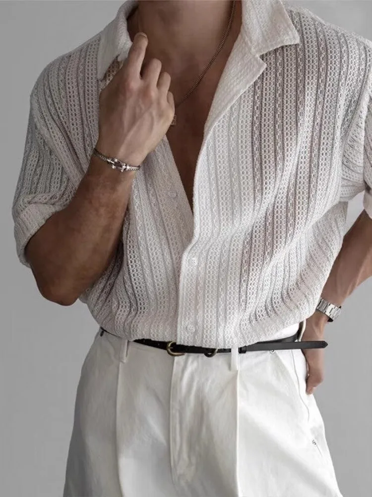 Lightweight Summer Cuban Collar Knitted Casual Shirt Breathable Hollow out Design Half Sleeve Pure Color Sun Protection