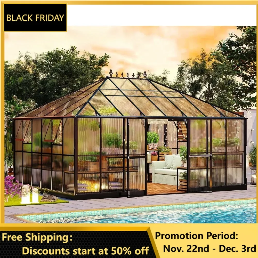 16x12x9.5 FT Polycarbonate Greenhouse- 6 FT Wall Height Outdoor Aluminum Greenhouses with 2 Ventilation, Walk-in Greenhouse