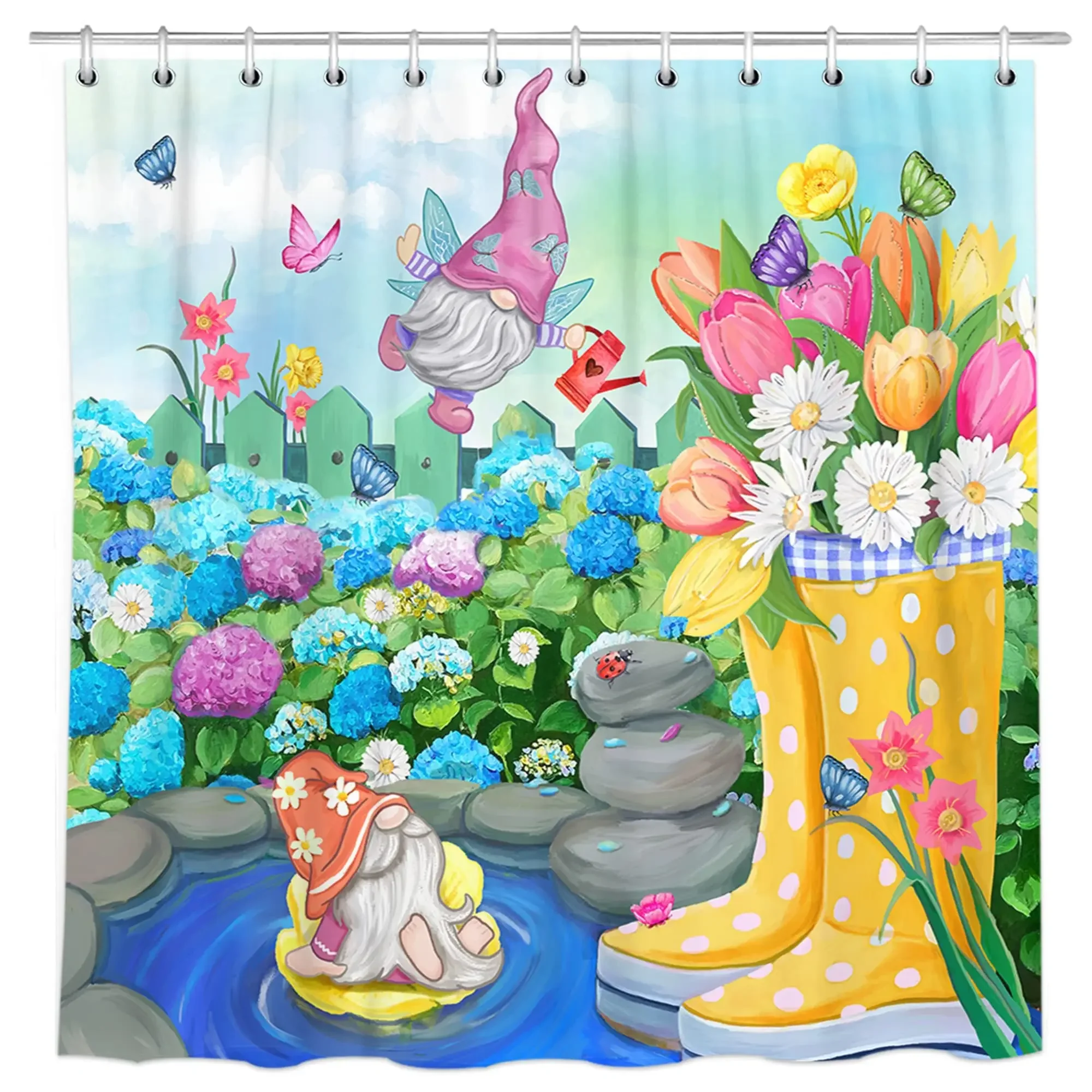 Hello Spring Shower Curtain,Gnome Waterproof Bathroom Curtain,Tulip Blossoms Boots Hydrangea Daisy Farmhouse Fabric Bath Curtain