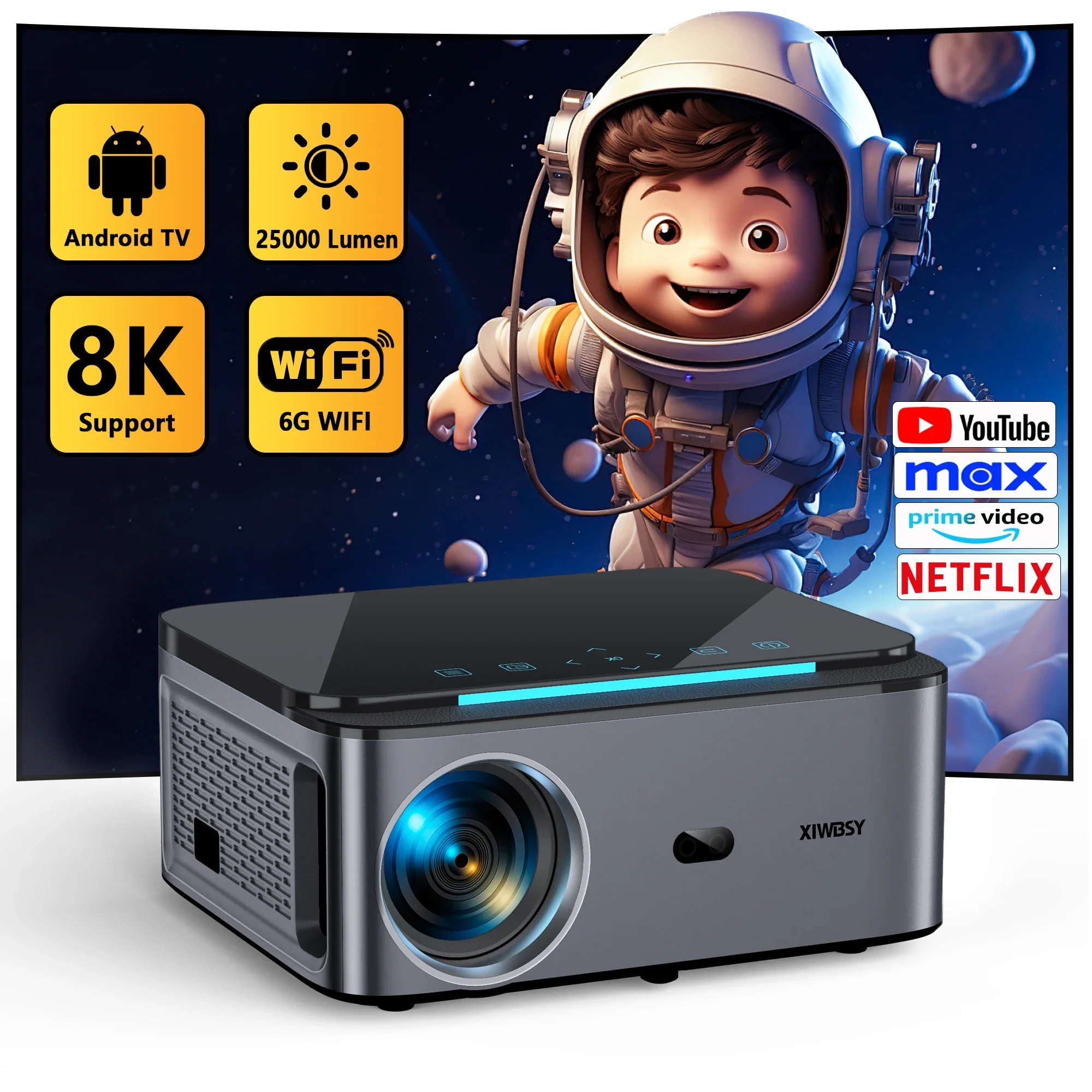 XIWBSY Proyector Android de 25000 lúmenes 4K WiFi6 Bluetooth 5,1 Enfoque automático/Proyector Keystone Vídeo Proyector de cine en casa Proyector