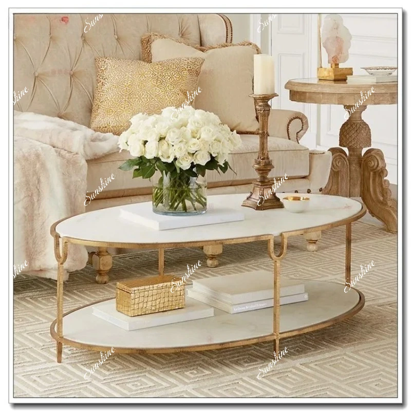 

Oval marble coffee table metal stainless steel paint plating base U-shaped opening