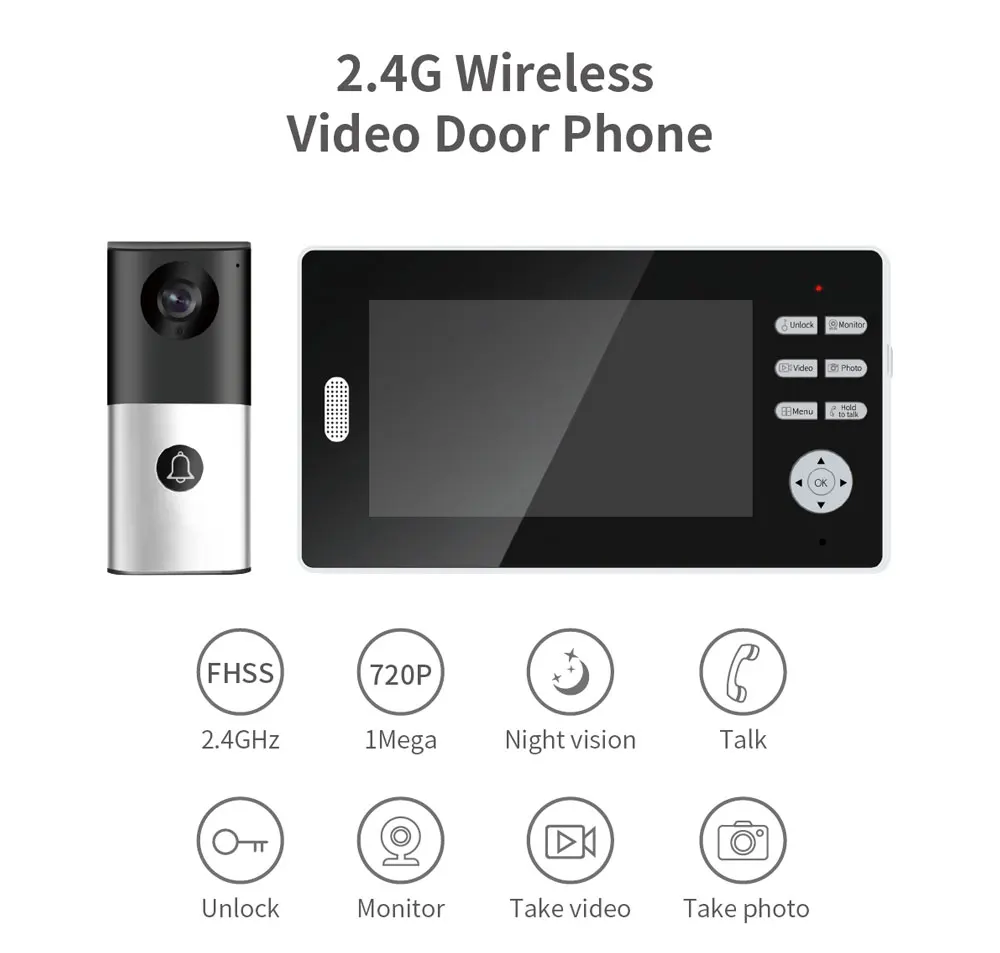 Visiophone sans fil avec écran tactile de 7 pouces, 2.4GHz, interphone vidéo, système de contrôle d\'accès, sonnette, batterie intégrée, pour