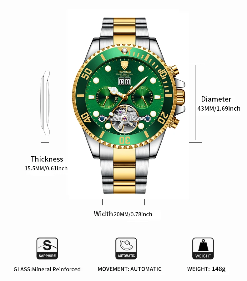 TEVISE Men\'s Watch Green Water Ghost Calendar Mechanical Watch High end Simple Cross border Waterproof Watch T823F