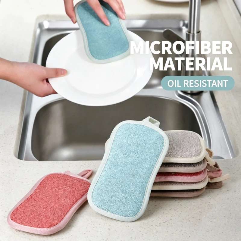Kitchen Cleaning Double-sided Dishwashing Cloth Dishwashing Sponge Scouring Pad Stain Remover Cleaning Cloth Hanging Brush Bowl