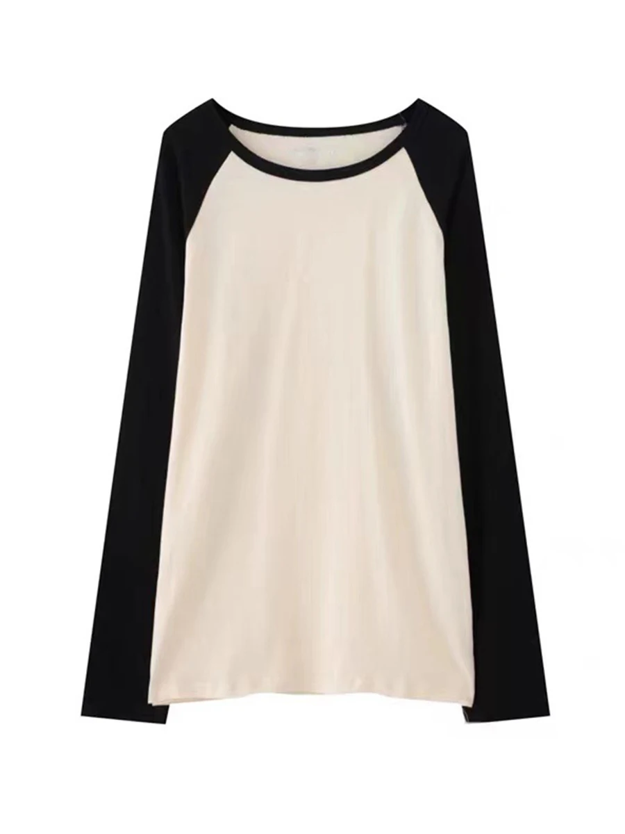 

Women Black O Neck Retro Patchwork Slim Tees 2022 Autumn Fashion Ladies Casual Female Knitted Long Sleeve Tops Chic