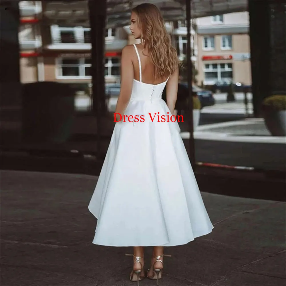 Short White Wedding Tea-Length V-Neck Beach Bridal Gowns Spaghetti Straps Simple Country Party Dress vestido de noiva casamento