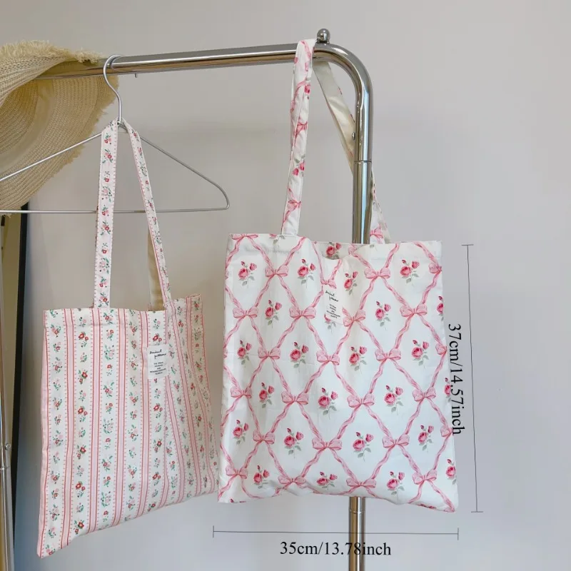 Сладкая свежая простая хлопковая сумка с розовым цветком, холщовая сумка на плечо, практичная студенческая сумка для книг