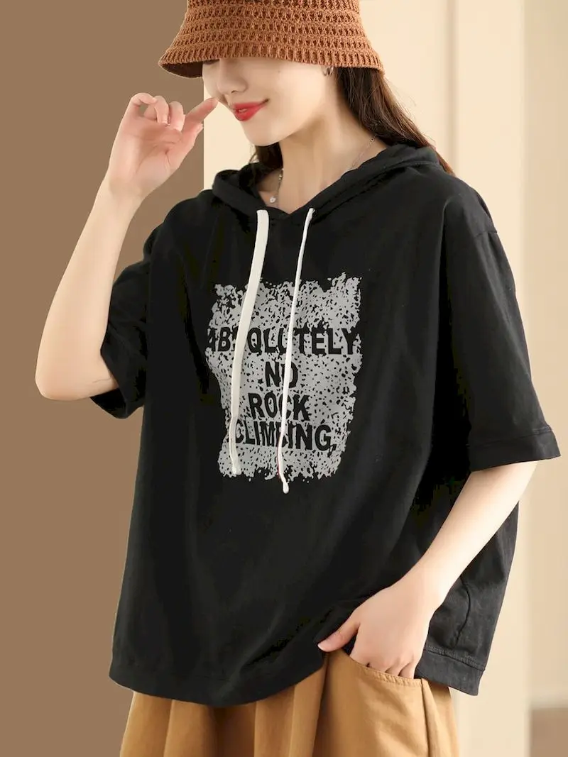 2024 Spring Summer T Shirt Women Korean Style Casual Loose Thin Tops Letter Printing Hooded T-shirt Women\'s Short-sleeved Tshirt