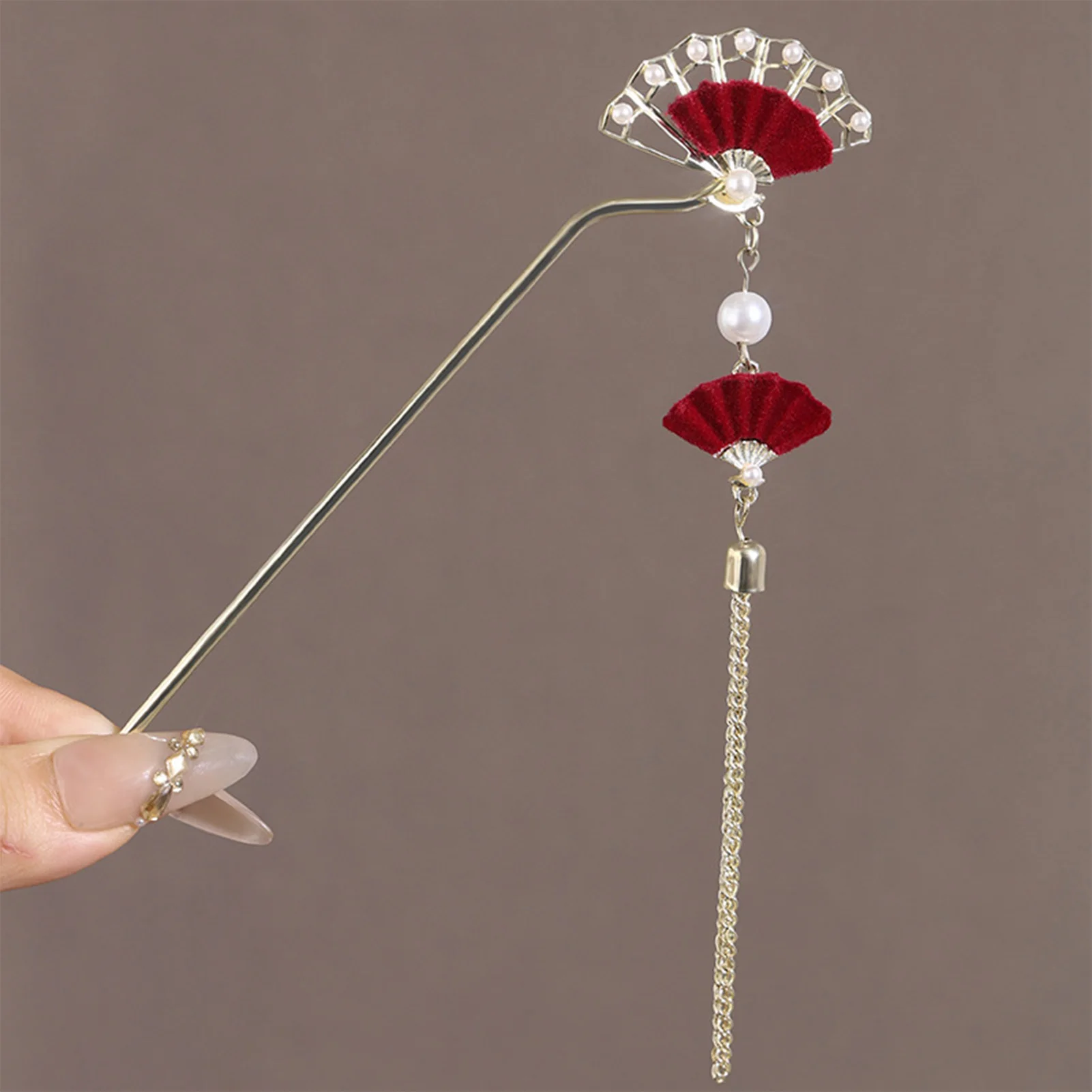 

New Chinese Style Fan Shaped Hairpin with Oearls Tassel Vintage Bridal Hair Accessories Handmade Hanfu Hair Sticks for Women