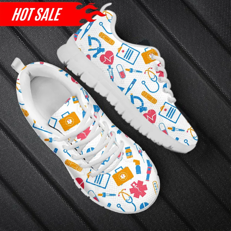 Nurse Flat Shoes Cute Cartoon Medical Pattern Women Nursing Shoes Female Casual Running Sneakers Light Mesh Footwear