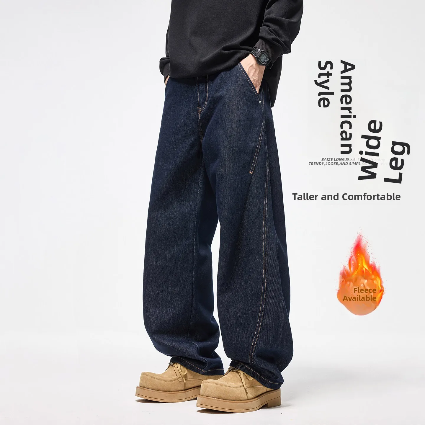 

Original Color American Sle Men's Loose Straight Leg Jeans Autumn Winter Vintage Bend Knife Pants Wide Leg Long Trousers