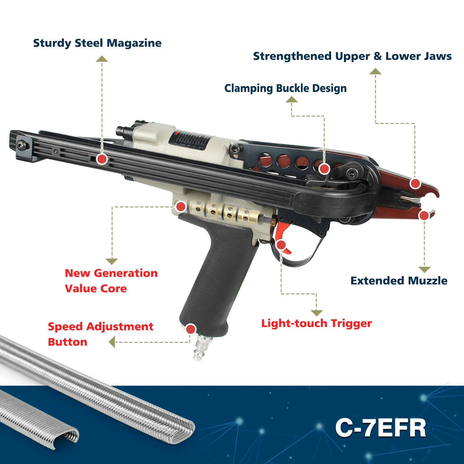 W-C-7EFR 공압식 호그 링 스테이플러, 조절 가능한 속도 3/4인치 크라운 에어 C-링 건, 스프링 매트리스용 4.8-8.0mm 클로저