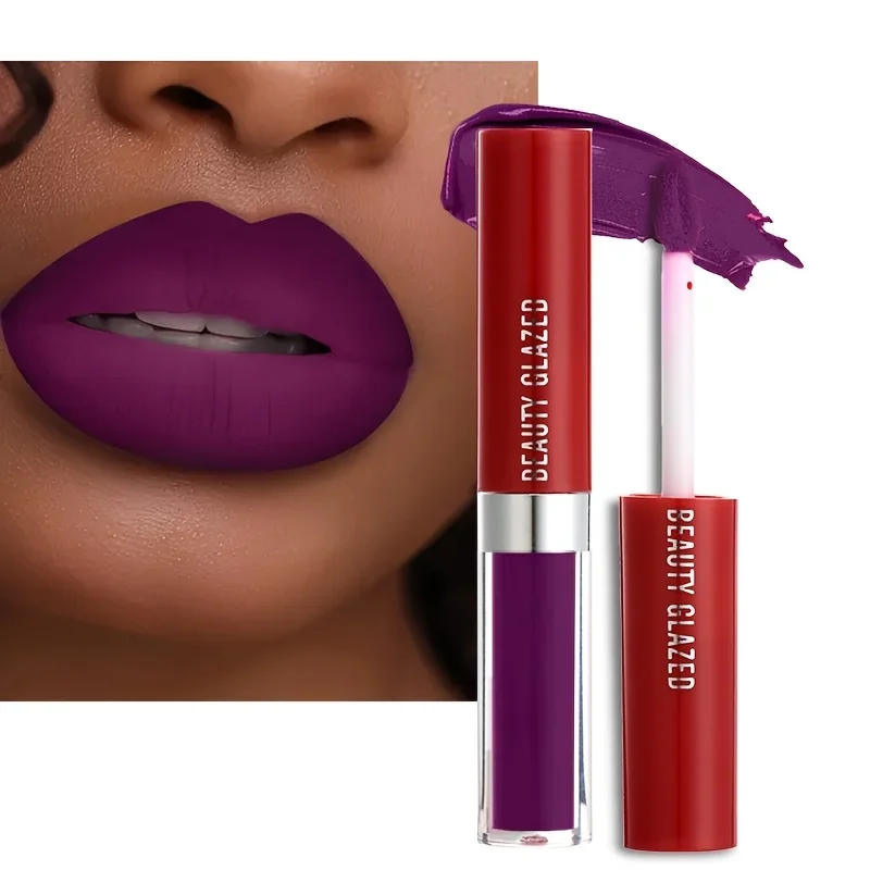 BEAUTY GLAZED ディープ パープル マット リップ グロス - 長持ちし、ウォータープルーフで、すべての肌タイプに簡単に塗布できます。