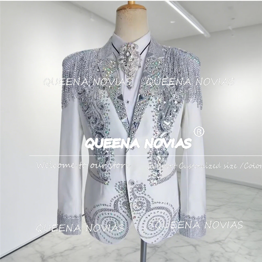 

Sparkling Beaded Stones Suits Men 2 Pieces Sets Customized Single Breasted Groom Blazer With Pants Male Fashion Wedding Tuxedos