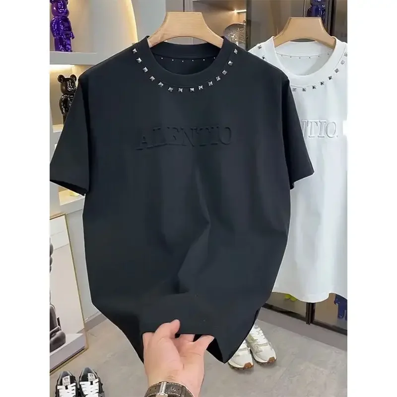 

LIBIELIY New Summer Rivet Steel Stamp Loose Round Neck Short-sleeved T-shirt Trendy And Versatile Casual And Personalized Top