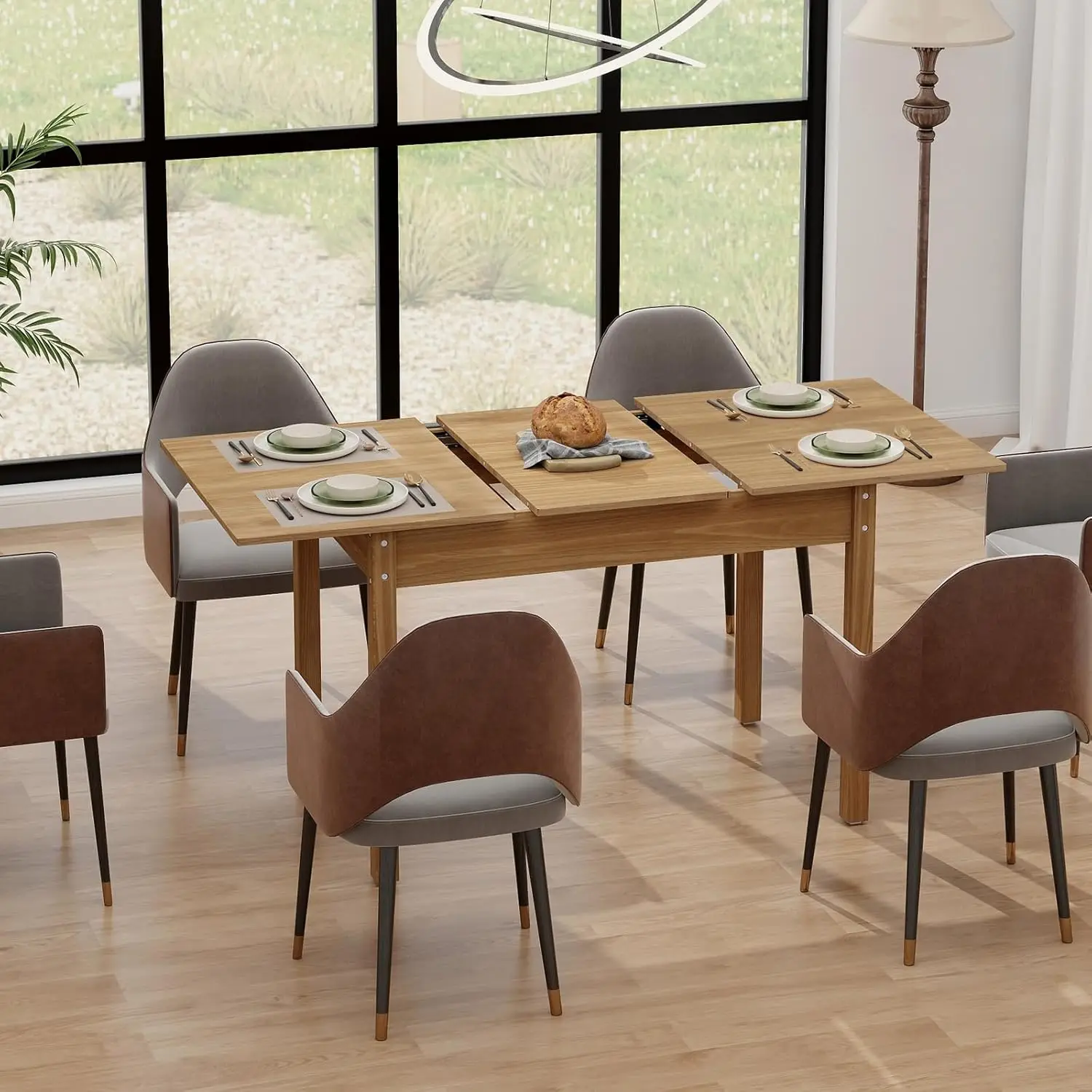 Modern 110-150cm Extendable Dining Table for 6-8 People Solid Wood Large Kitchen Dinner Table Solid Legs for Hotels