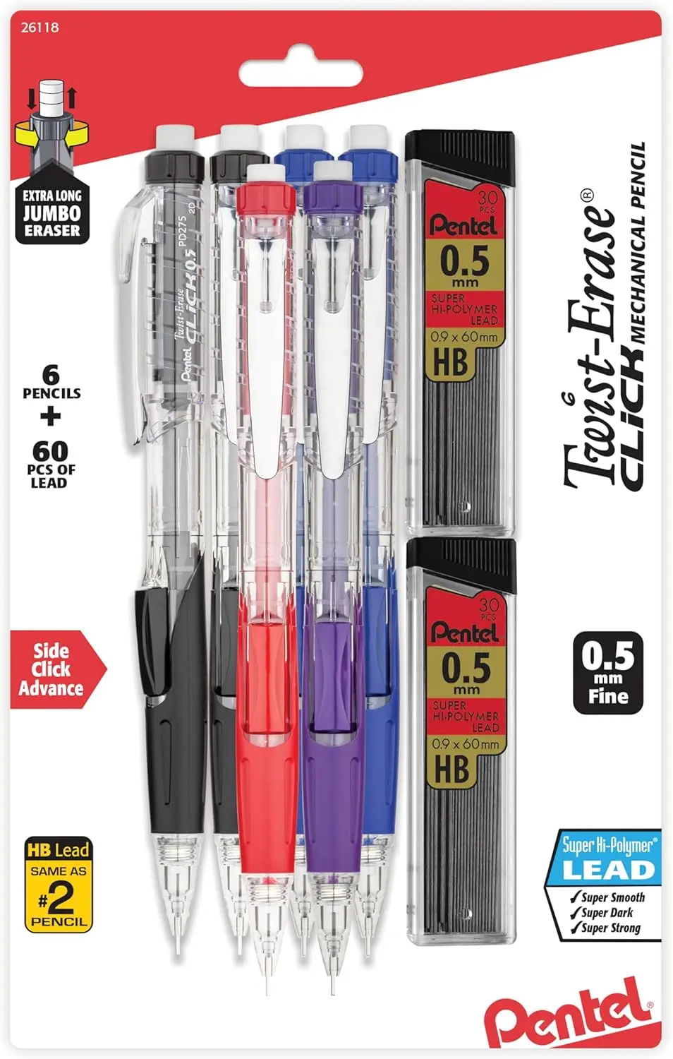 

6-Pack Click Mechanical Pencils with Lead Refills, 0.5mm Twist-Erase Design for Smooth Writing