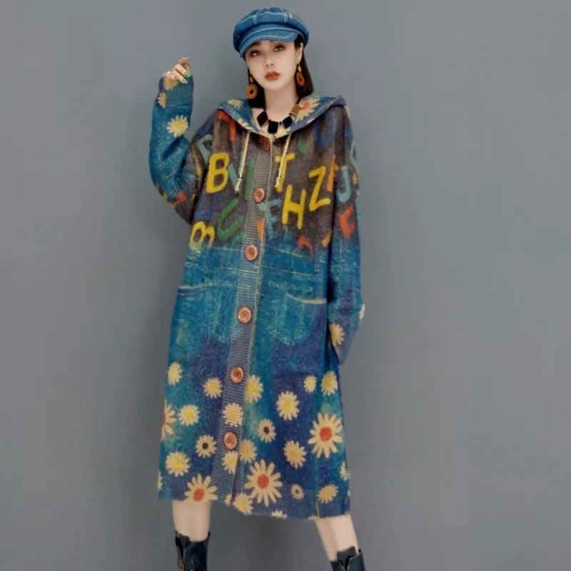 Vefadisa 2024 Spring Autumn Fashion Floral Printted Long Sleeve Hooded Women Loose Coat Loose Mid-length Knitted Cardigan TT221