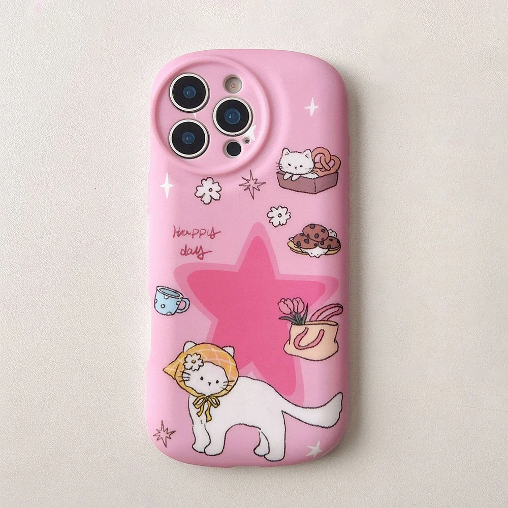 

New INS Cartoon Funny Star Cats Print Ellipse Frosted Pink Phone Case For iPhone 16 15 14 13 Pro Max Anti-fall Protective Cover