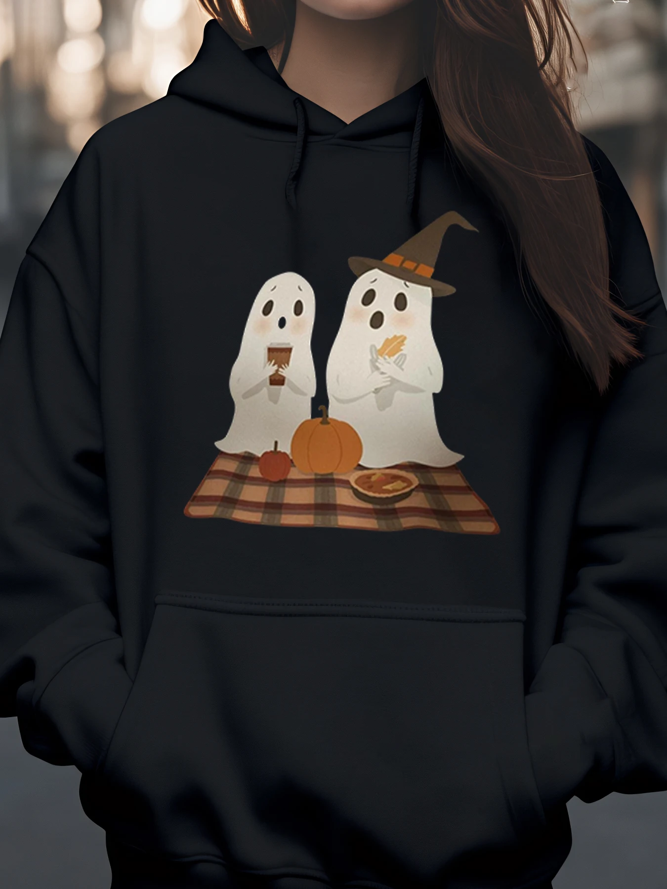 

Толстовка с капюшоном на Хэллоуин с принтом призрака и пикника, повседневная одежда, женский осенний сезон