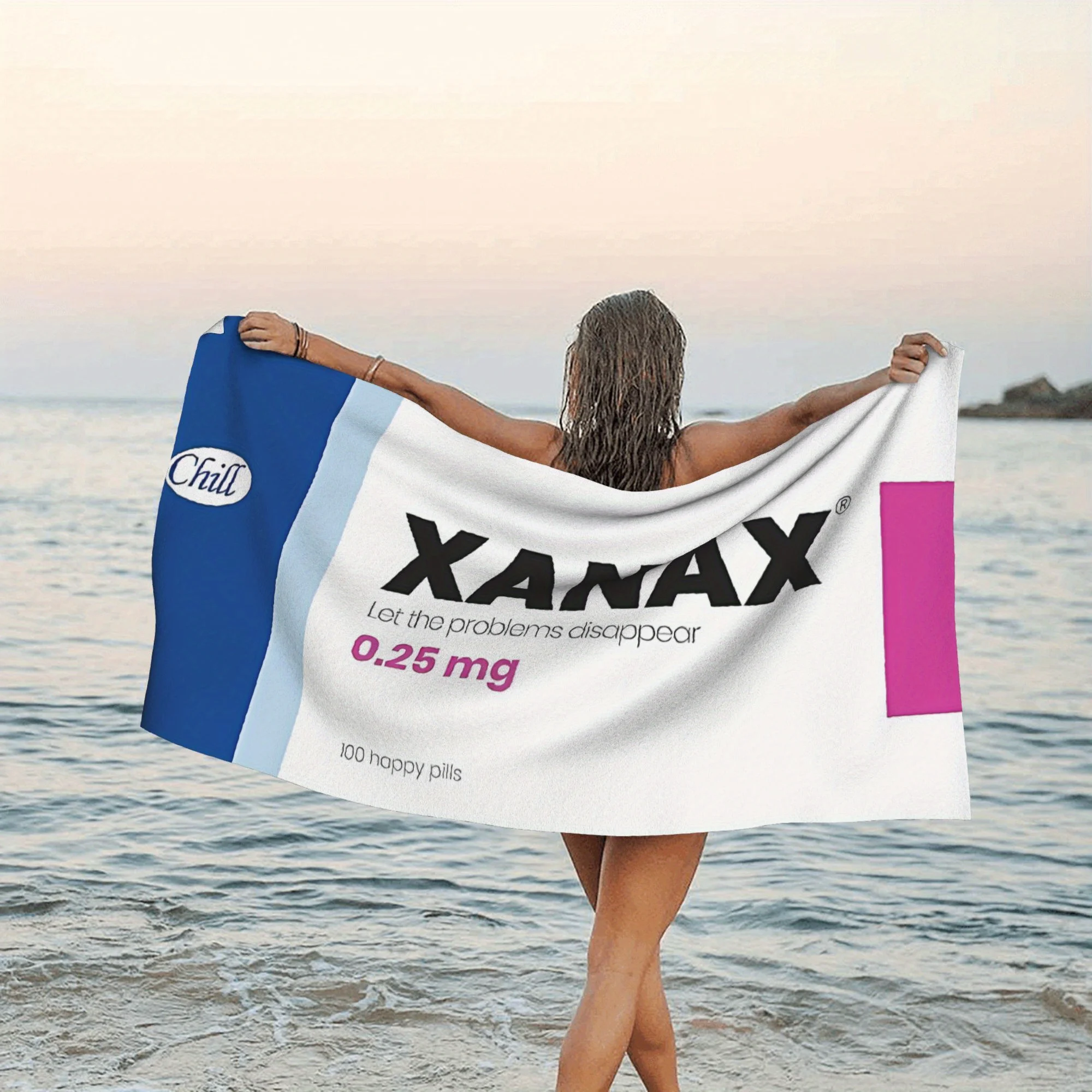 1pc XANAX Happy Pills Beach Towel-Oversized, Quick Dry Microfiber, Vibrant Yellow and Blue Design Bath Towel