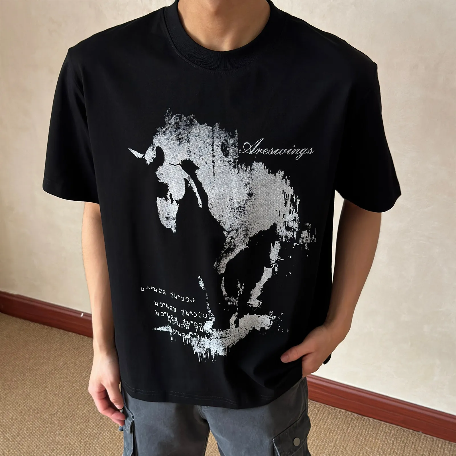 2026 Men's Oversized T Shirt Grunge Unicorn Graphic Print Short Sleeve Cotton Casual Streetwear Unisex Tee