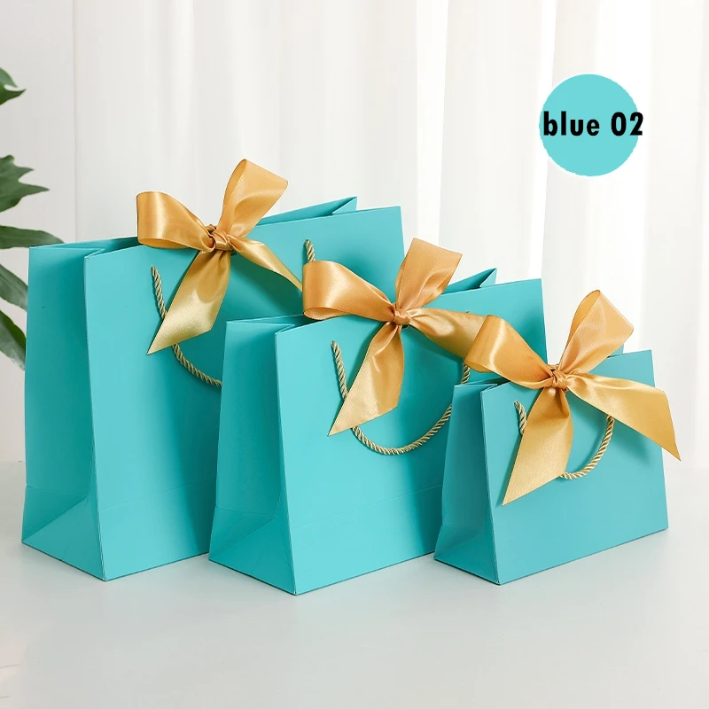 10Pcs Blue Green Gift Bag With Ribbon Gold For Packaging Kraft Paper Bags Wedding Box Business Shopping Clothes Package