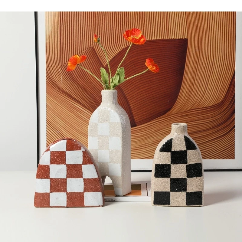 Frosted Ceramic Vase Geometric Check Pattern Flower Vase Flower Arrangement Accessories Coarse Pottery Pot Home Decoration