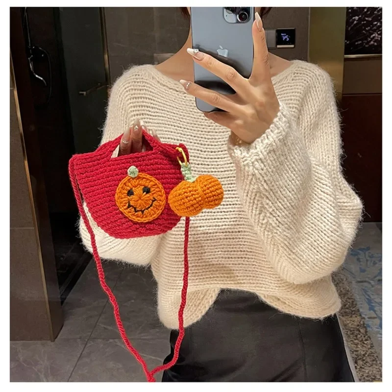 1pc Handmade Messenger Bagpack Halloween Pumpkin Wool Knitted Exposure Bag 2024 New Women's Cute  Mini Bucket Bag Without Lining