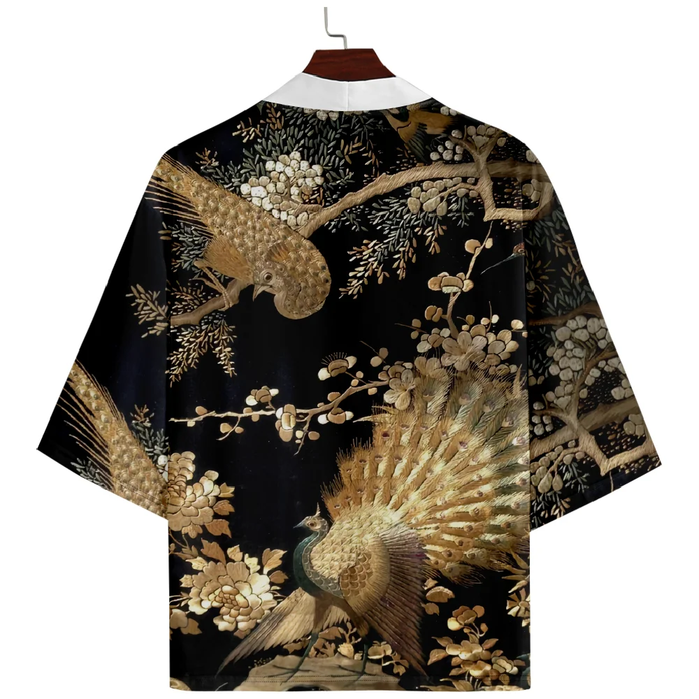 سترة عصرية مطبوعة على شكل طاووس يوكاتا قميص الساموراي الياباني كيمونو التأثيري للنساء والرجال قميص هاوري تقليدي كبير الحجم #3