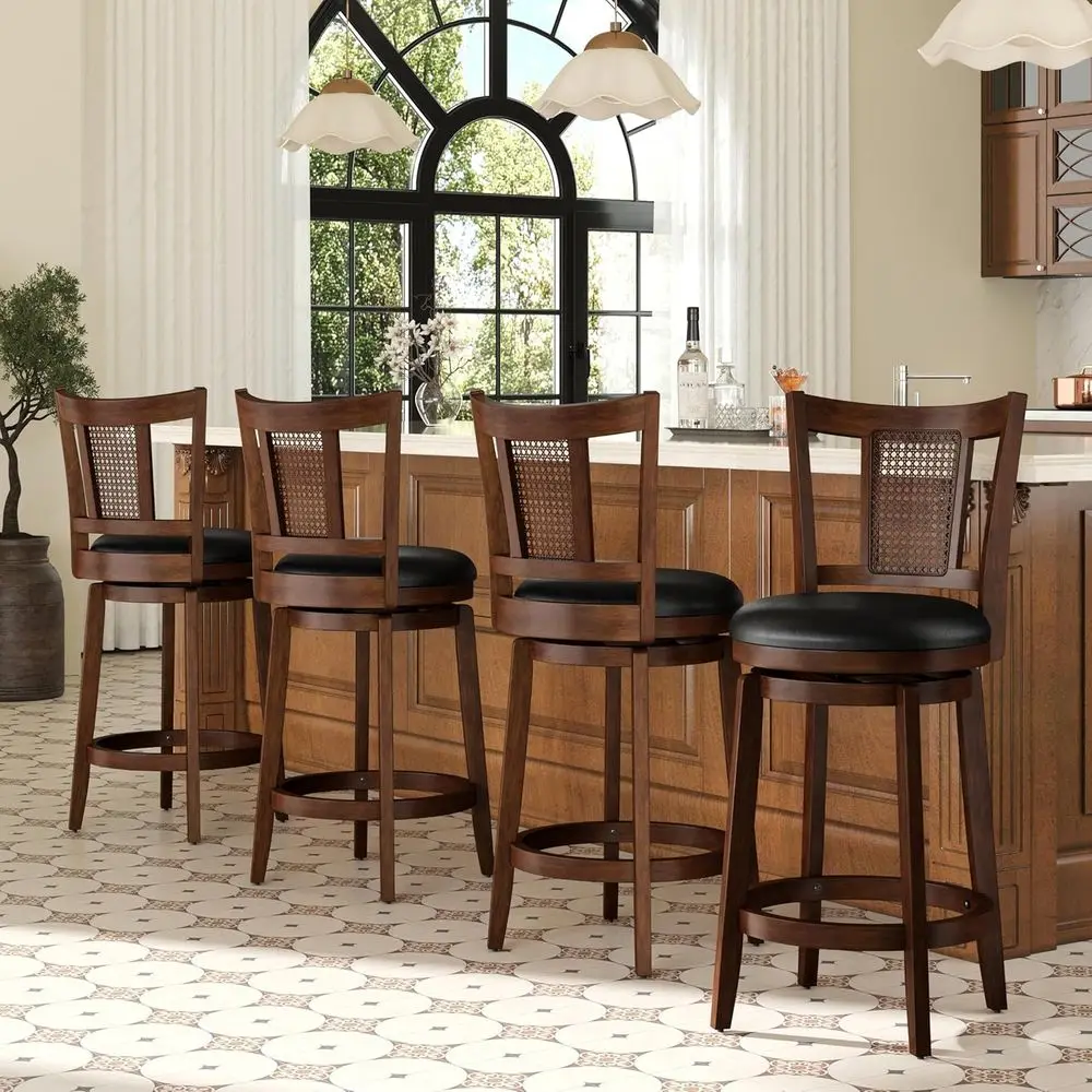 

4-Piece Swivel Counter Height Bar Stool Set with Wooden and Leather Seats