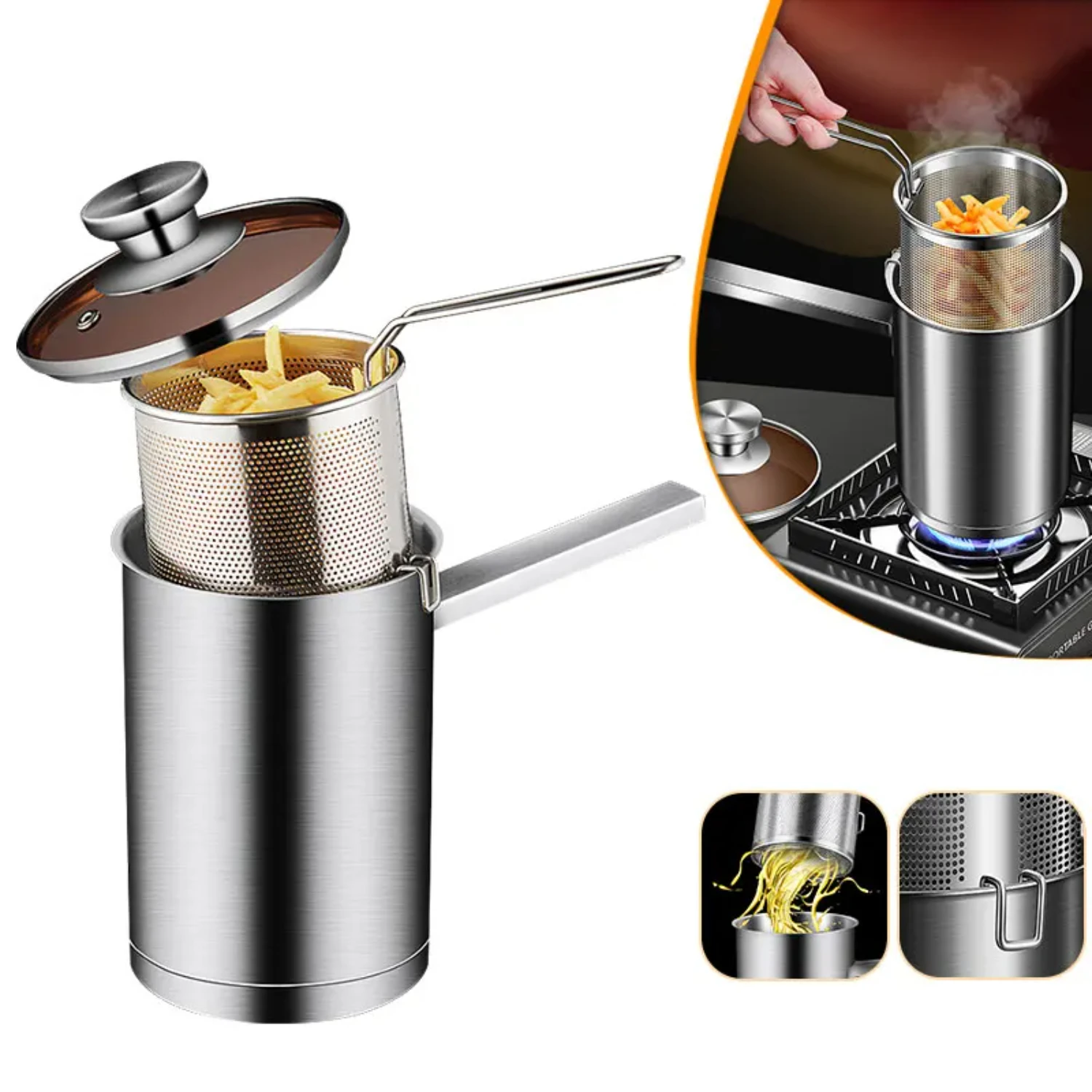 

Small Stainless Steel Deep Fryer Pot with Thickeded Basket, Lid, and Pasta Strainer - Perfect for Frying Chicken and Other Fried