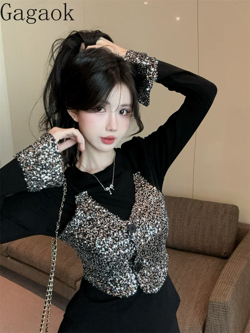 

Gagaok 2025 Spring Women T Shirts Casual Fake Two Piece Fashion Sequin Spliced T-shirt Top Korean Style Slimming Ladies Tops
