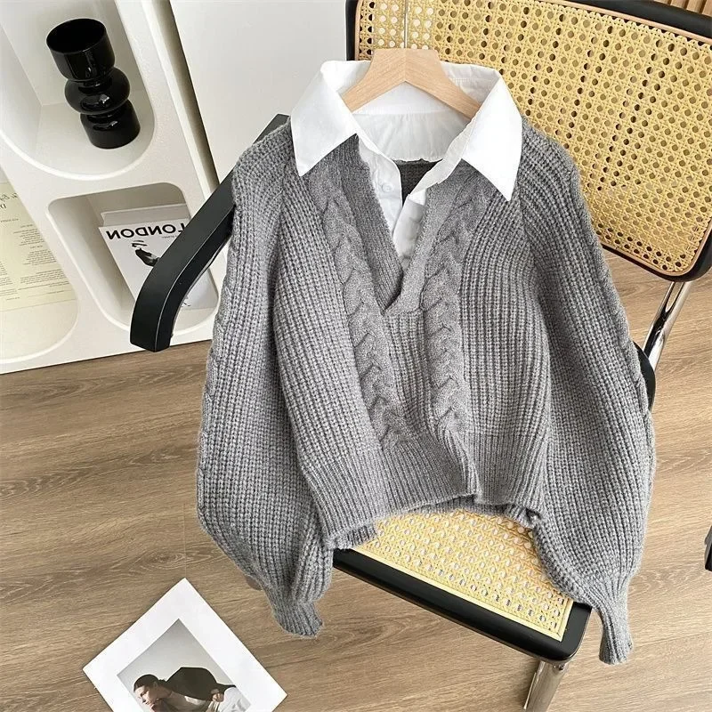 Otoño Invierno de las mujeres Patchwork Twist Design suéter de punto suelto camisa conjunto de dos piezas con cuello Polo prendas de vestir exteriores Top