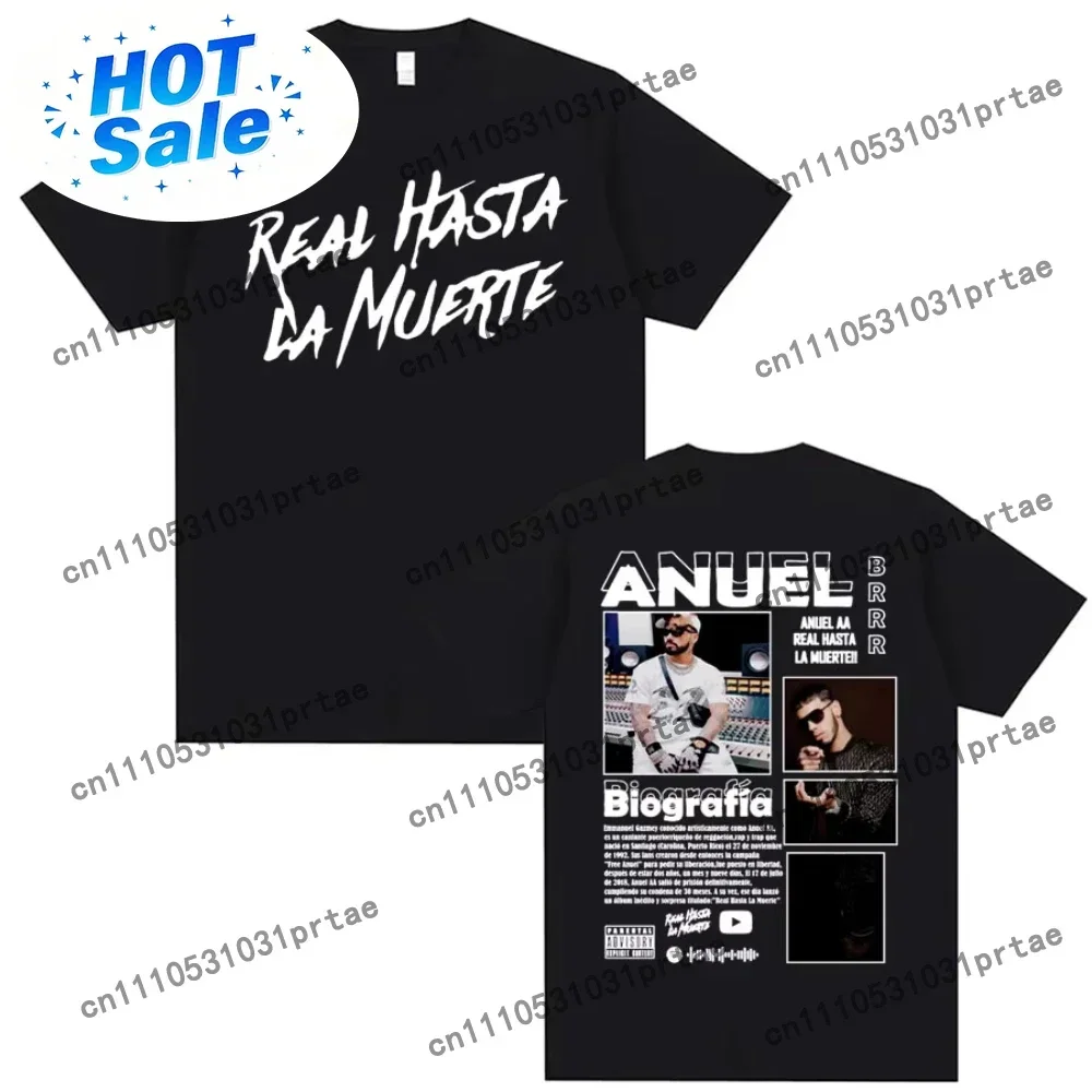 Rapper Anuel AA Real Hasta La Muerte Cover T Shirt Male Fashion Hip Hop Oversized T Shirt Men Women Casual O-Neck Loose Black