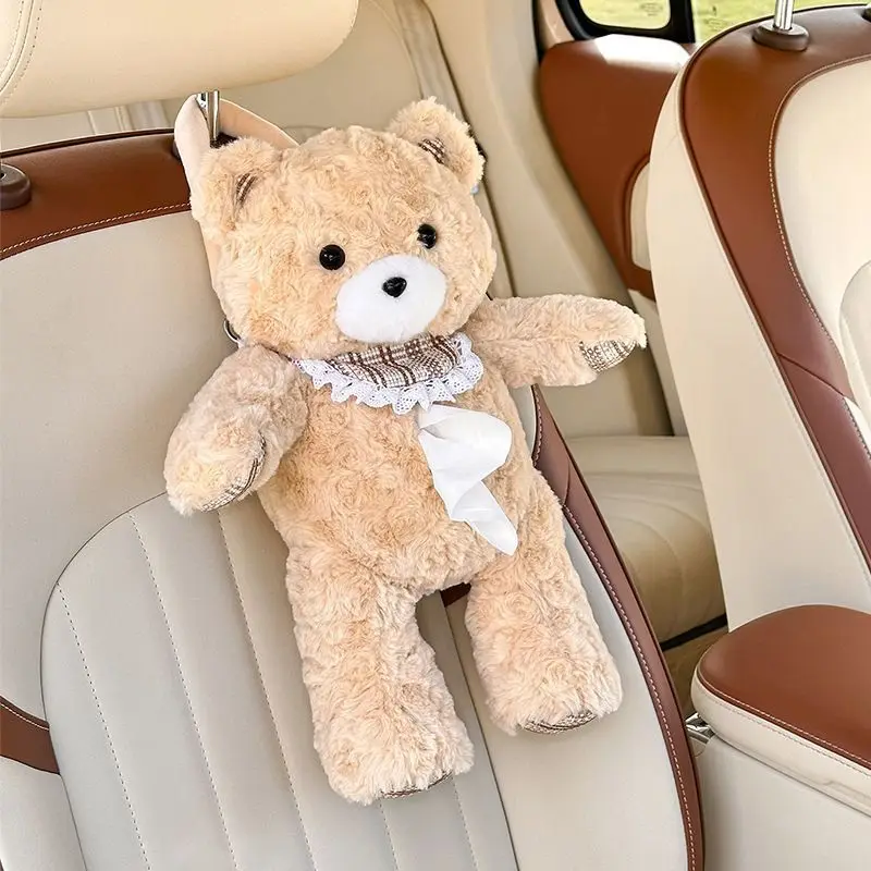 

Creative Cartoon Car Tissue Box Plush Doll Hanging Car Organizer Cute Bear Design