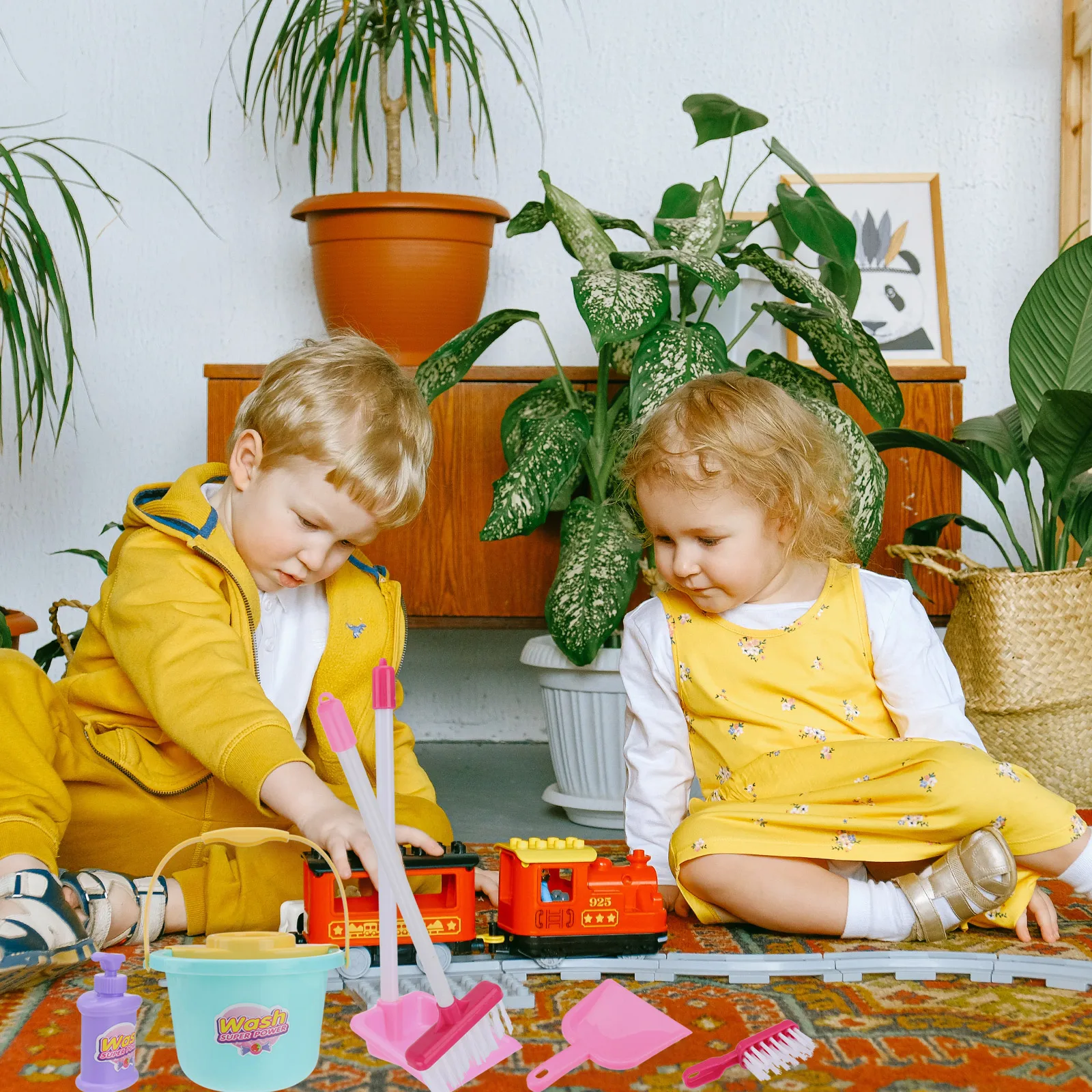 7個入り子供用お掃除セット 軽量カラフルごっこ遊びほうきちりとりキット 子供向けごっこ遊びお掃除道具 掃き掃除用