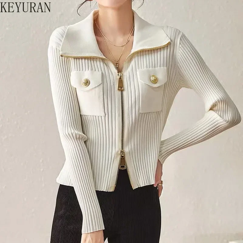 2023 Autumn Black Slim Double Zipper Knitted Cardigan Sweater Coat Women Korean Fashion Pull Femme Knitwear Crop Top Y2k Jumper