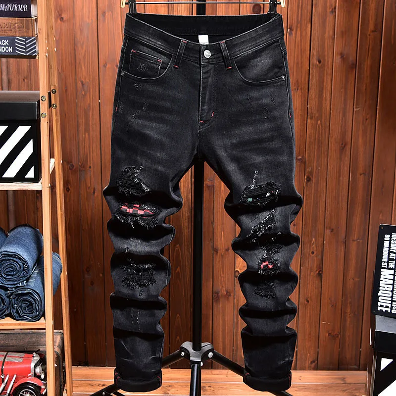 

European Goods Trendy Brand Ripped Jeans Men's Spring and Autumn Stretch Slim Patch Scrape Youth Tapered Pants Long Pants